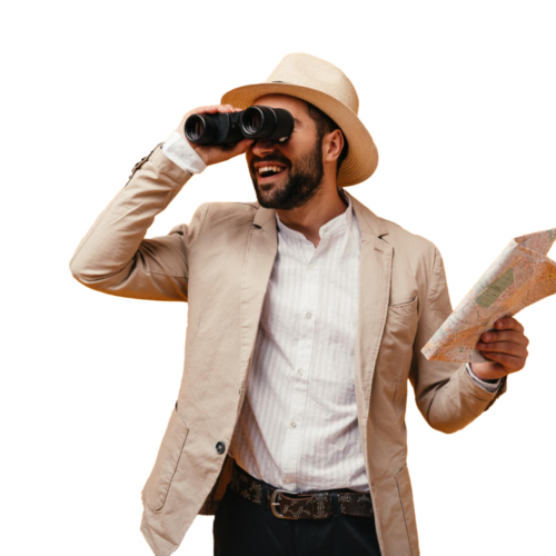 man-hat-looks-into-binoculars-holds-map-orange-background